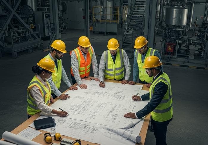 MACPROTEC Company Profile - Engineers reviewing blueprints
