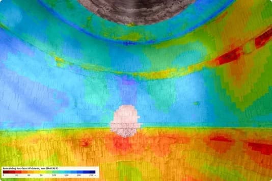 MACREF refractory analysis showing location-specific lining thickness measurements